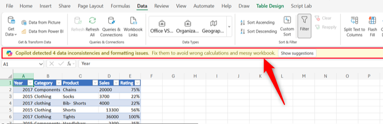 An Excel sheet opened, with the automatic Clean Data banner appearing through Copilot.