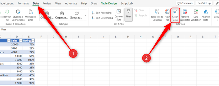 An Excel sheet opened, with the Clean Data button in the Data tab on the ribbon highlighted.