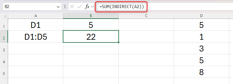 An Excel sheet with an example of the INDIRECT function embedded within the SUM function.