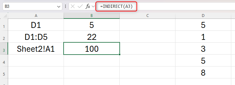 An Excel sheet with an example of the INDIRECT function used to reference a cell in another sheet.