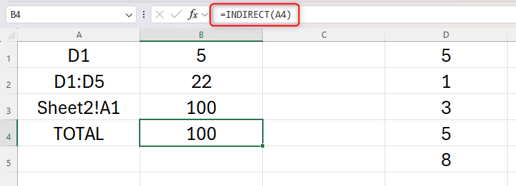 An Excel sheet with an example of the INDIRECT function used to reference a named cell.