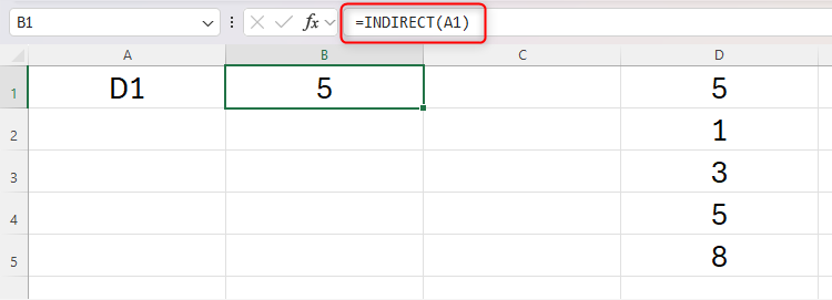 An Excel sheet with the text D1 in cell A1, and a example of the INDIRECT function being used to turn that text into a reference.