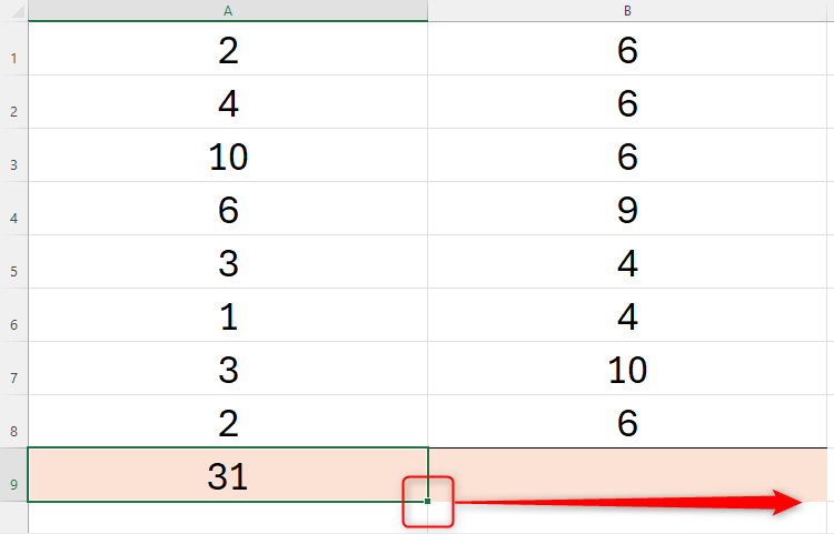 An Excel spreadsheet containing a function and formula in cell A9, with the fill handle highlighted and shown to be dragged across to cell B9.