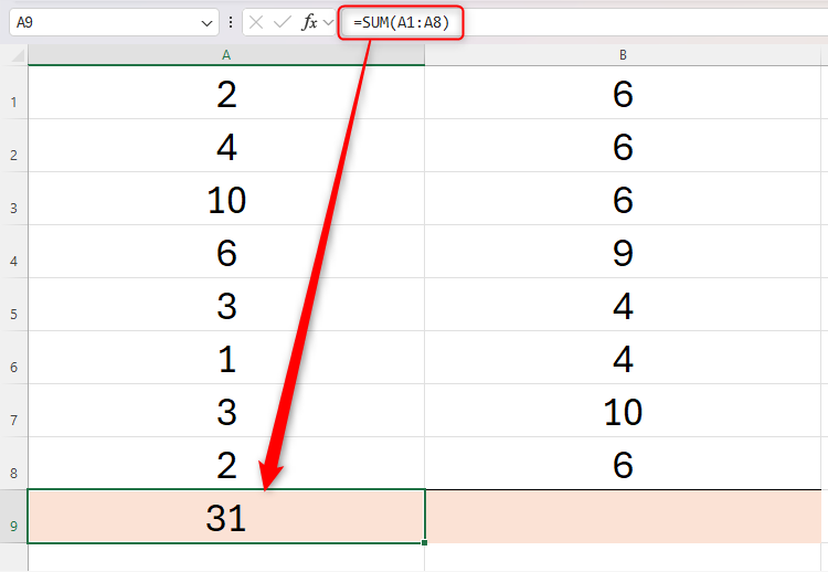 An Excel spreadsheet containing numbers in cells A1 to A8, and the SUM function in cell A9 to add the values together.