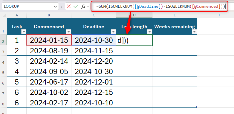 An Excel table containing ISOWEEKNUM functions within the SUM function to work out the number of weeks between two dates.