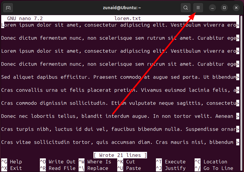 An instance of the Linux terminal opened and the hamburger menu being pointed at.