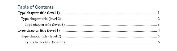 An unedited manual Table of Contents in Microsoft Word.-1