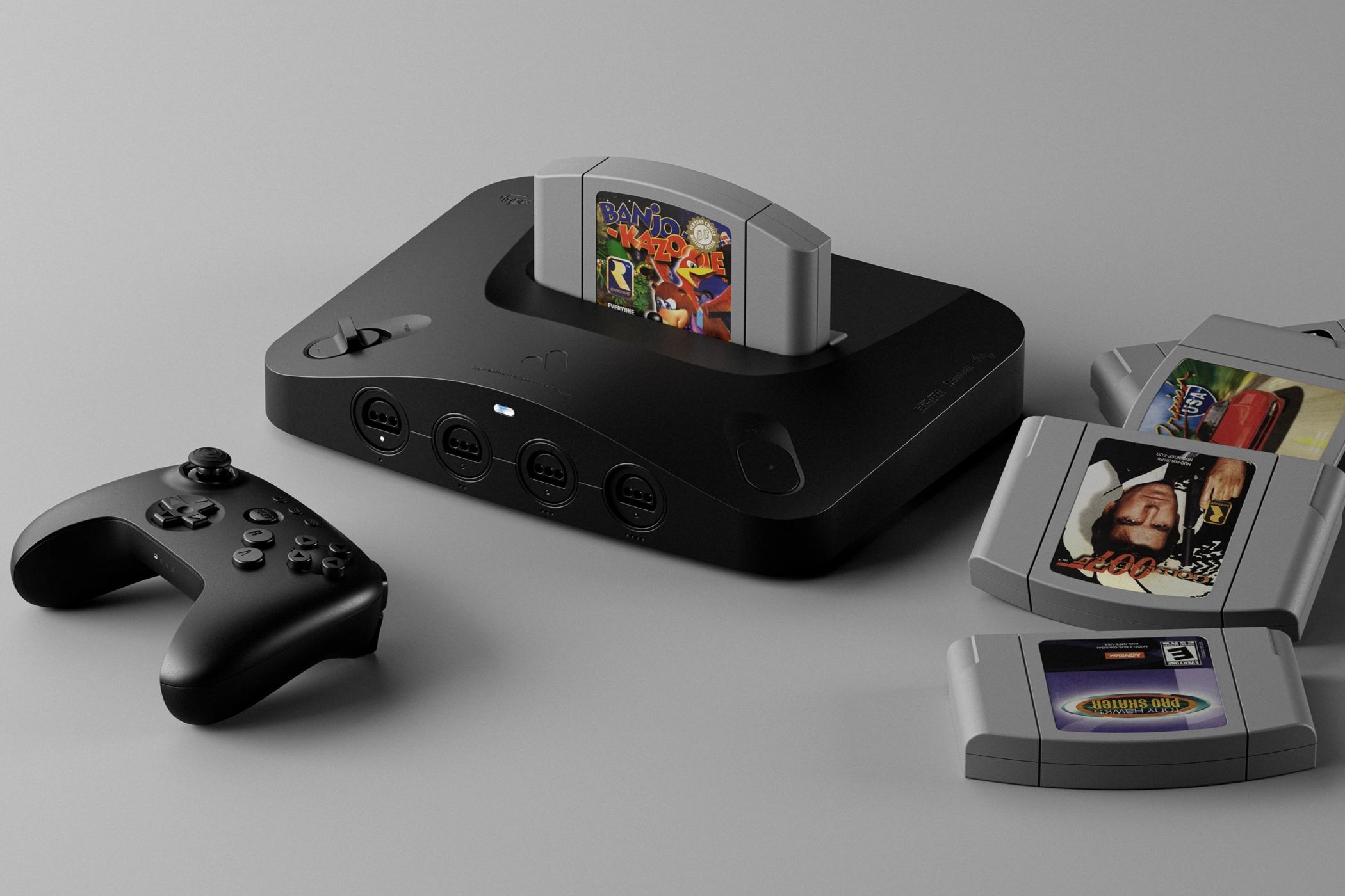 Analogue3D retro gaming console with a controller and some Nintendo64 cartridges.