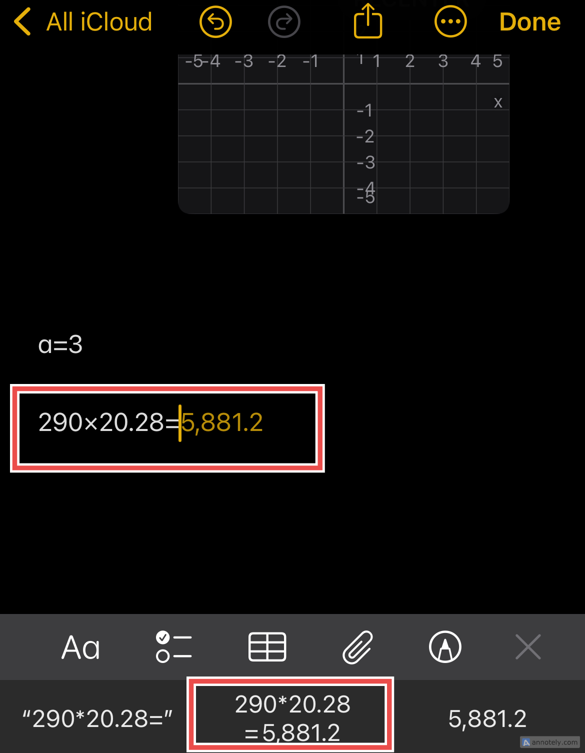 Basic arithmetic using Math Notes in the Notes app.