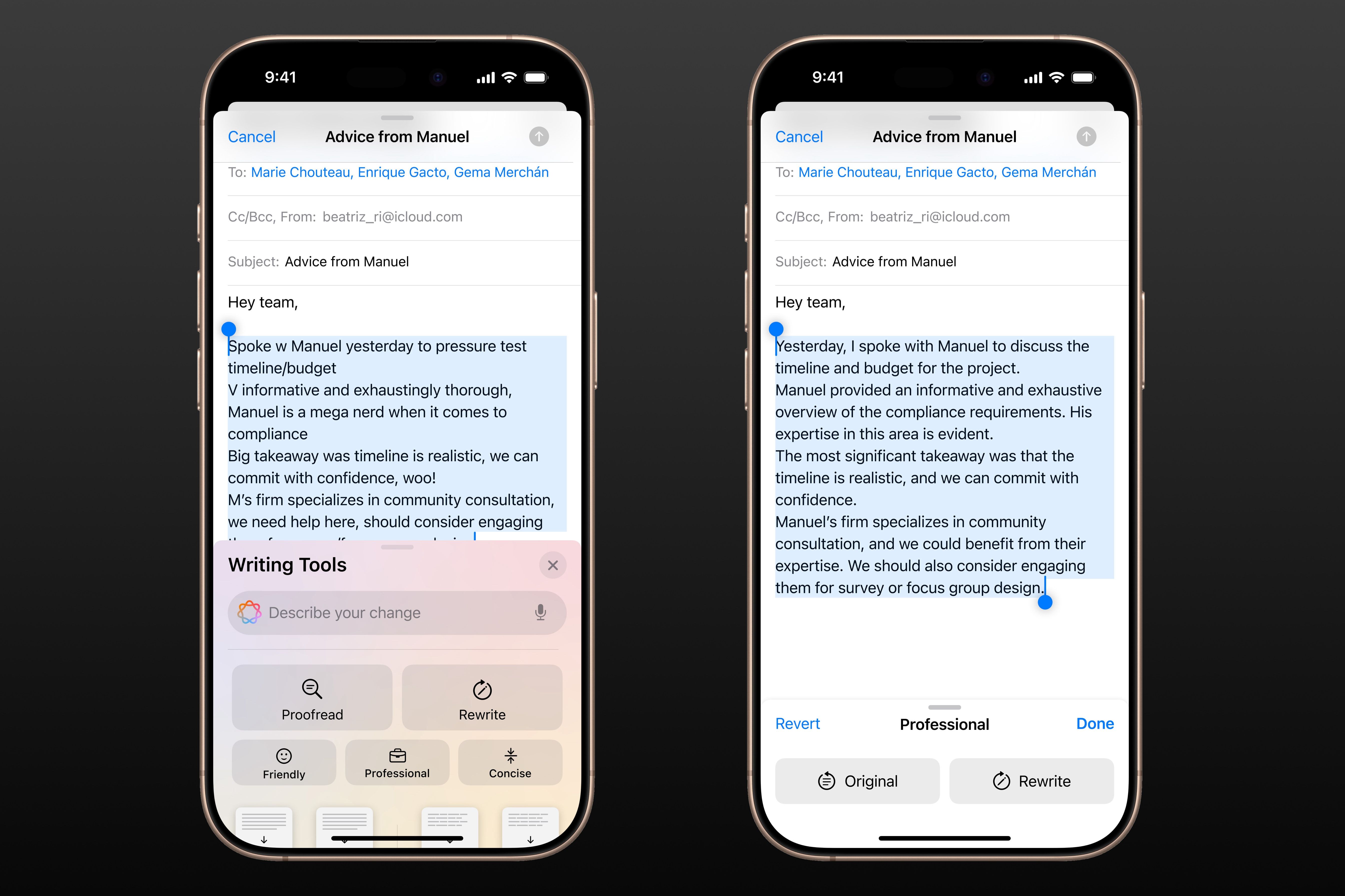 Two iPhone screenshots showcasing rewriting an email message with Apple Intelligence to sound more professional.