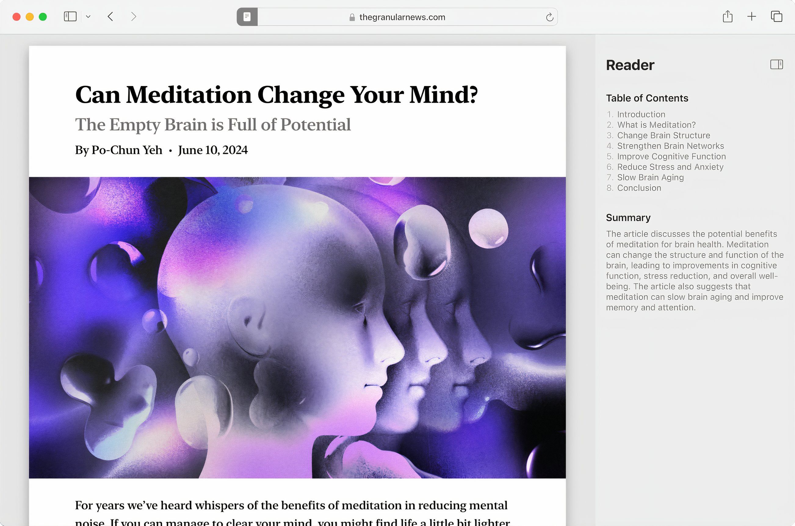 Safari's Reader Mode on a Mac showing a web article alongside its summary with key points.