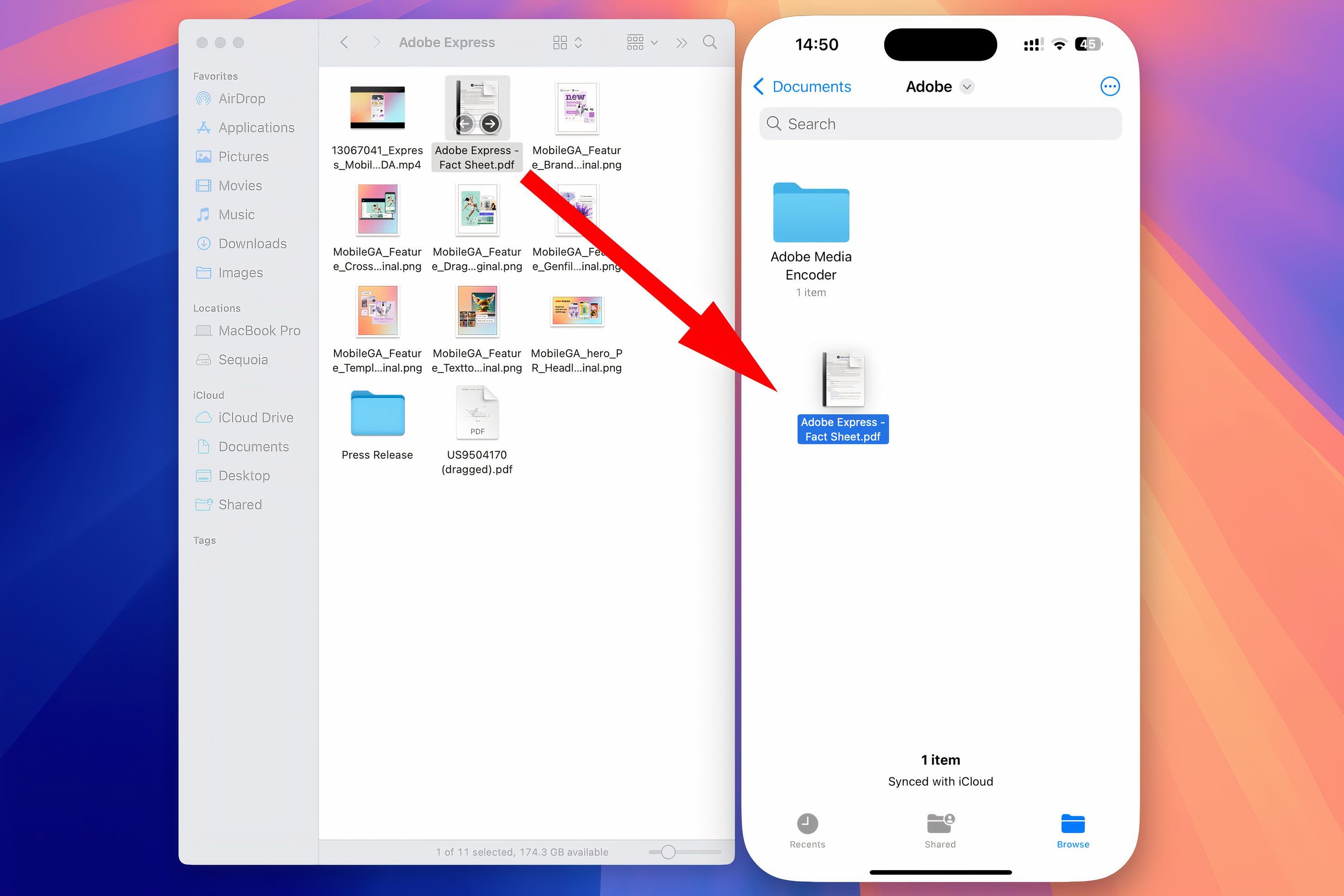 Using iPhone Mirroring to drag a PDF document from the macOS Finder in the iPhone's Files app.