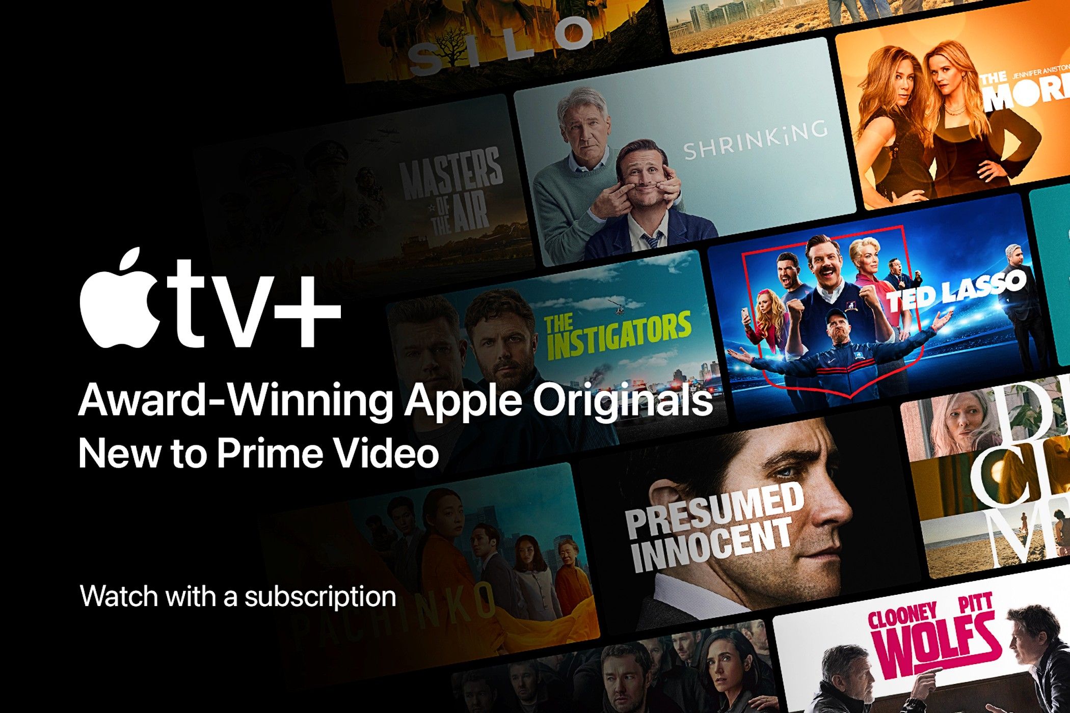 AppleTV+ logo talking about Amazon, the background has shows like Ted Lasso, The Instigators, and Presumed Innocent