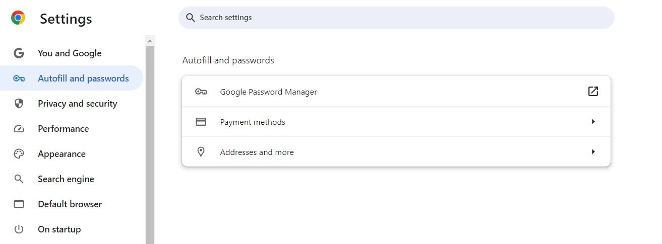 Autofill and Passwords option in Chrome.