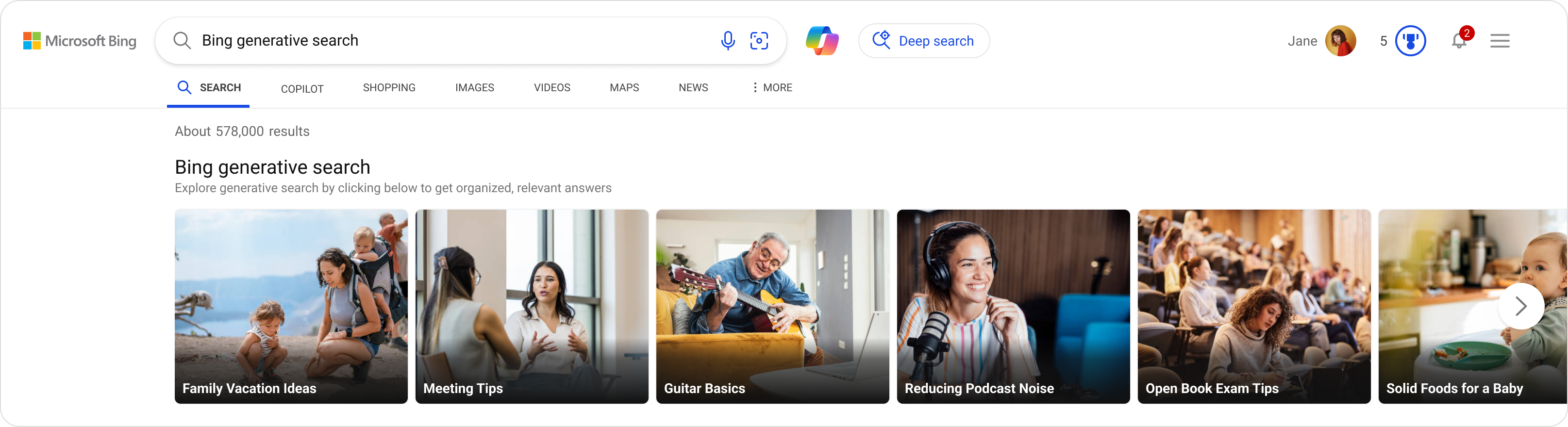 Bing Generative Search showing pictures of different scenes, like a man on his guitar or a woman using a microphone