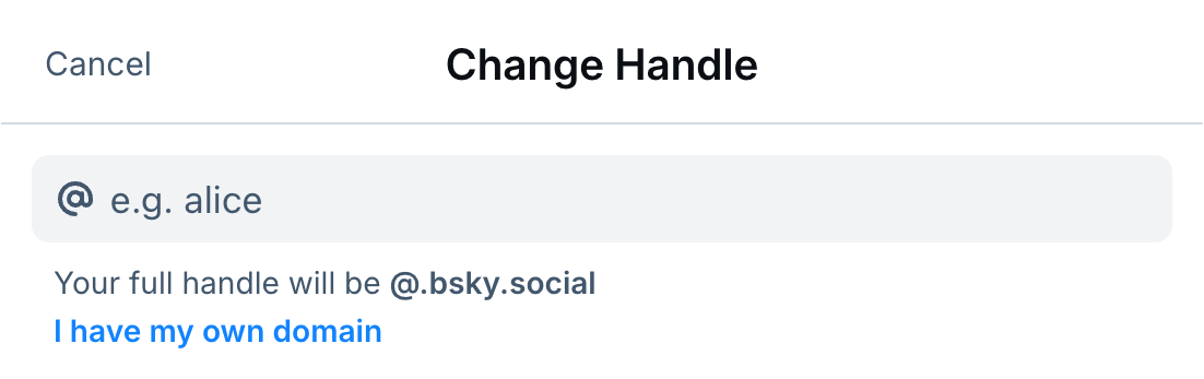 A Bluesky popup titled Change Handle with a link reading I have my own domain.