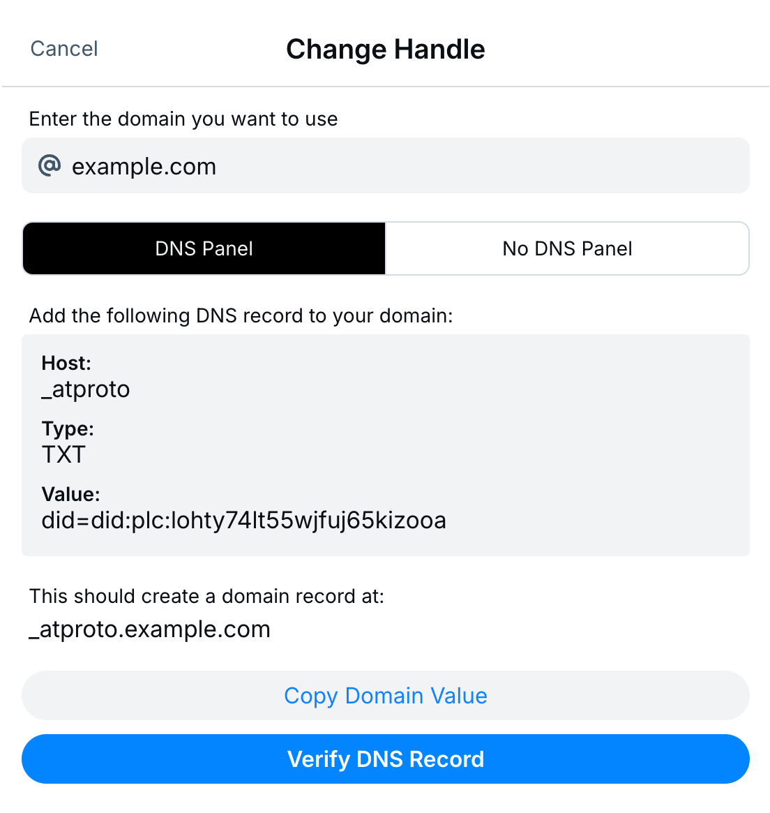 A Bluesky popup reading Change Handle with two main options: DNS Panel and No DNS Panel.