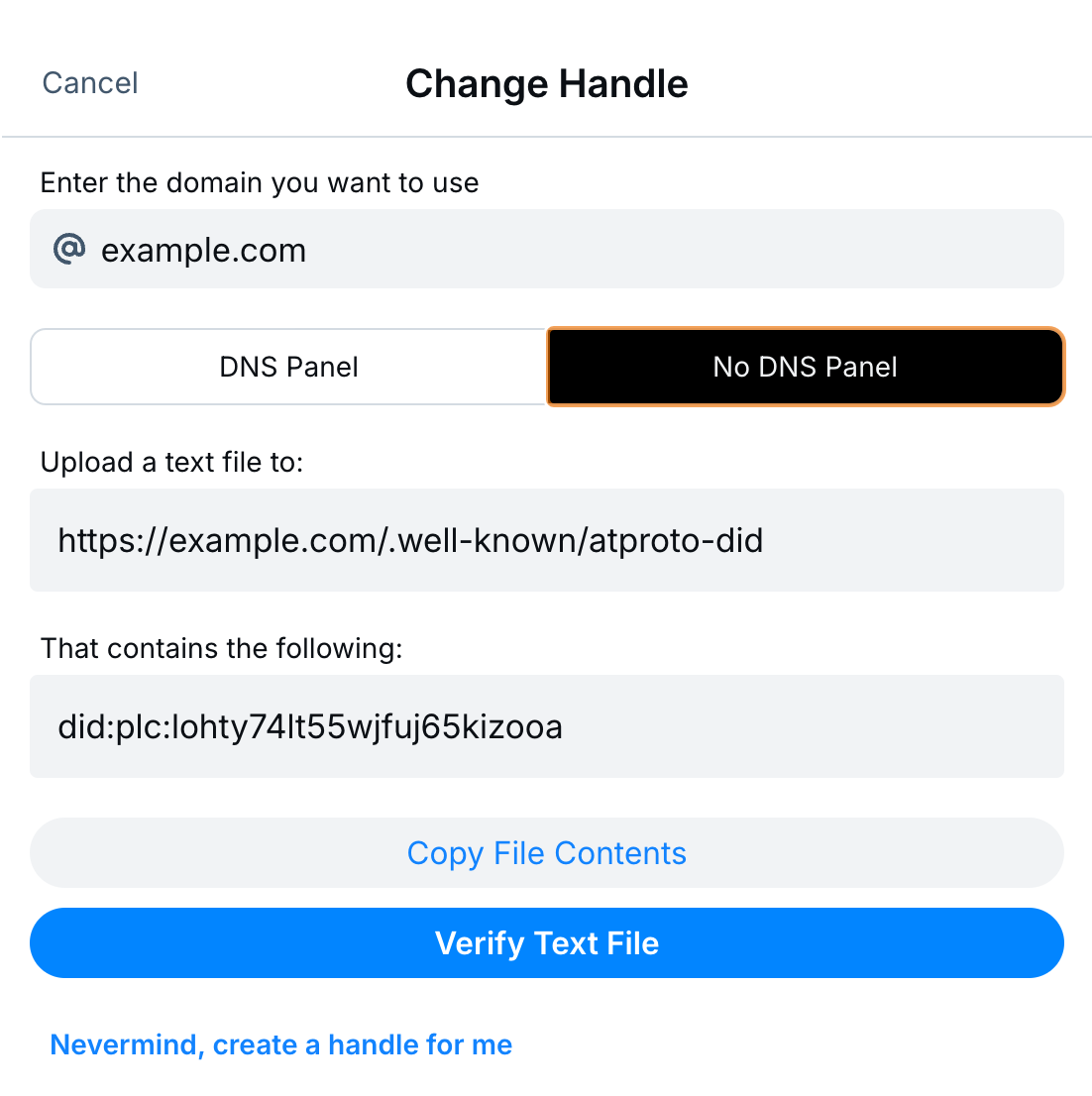 A Bluesky popup reading Change Handle with the No DNS Panel option selected.