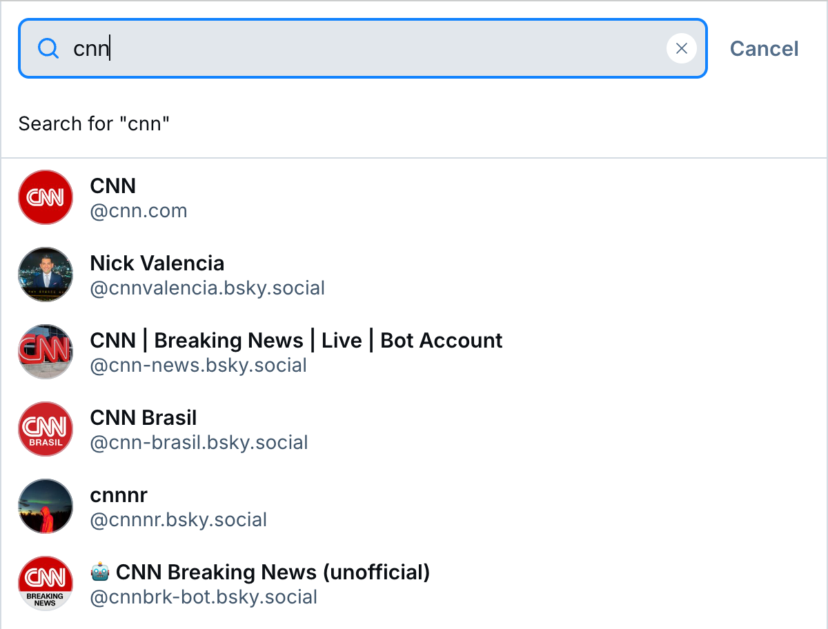 A Bluesky search for cnn shows an official cnn.com account alongside other accounts with .bsky.social default handles.