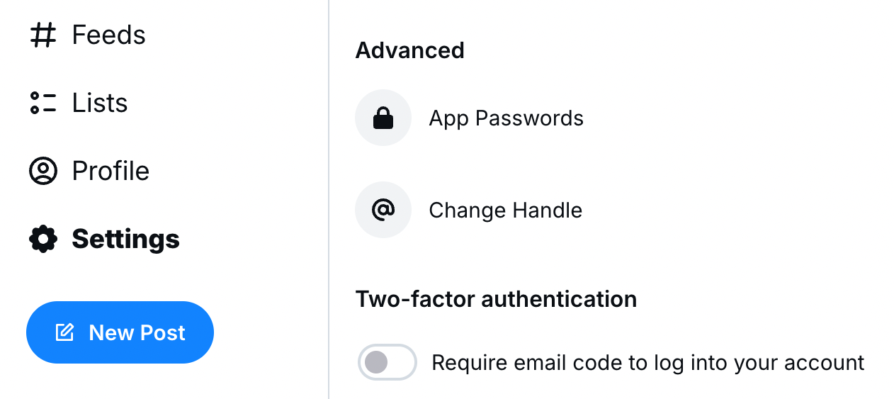 The Bluesky settings page with an Advanced setting that reads Change Handle.