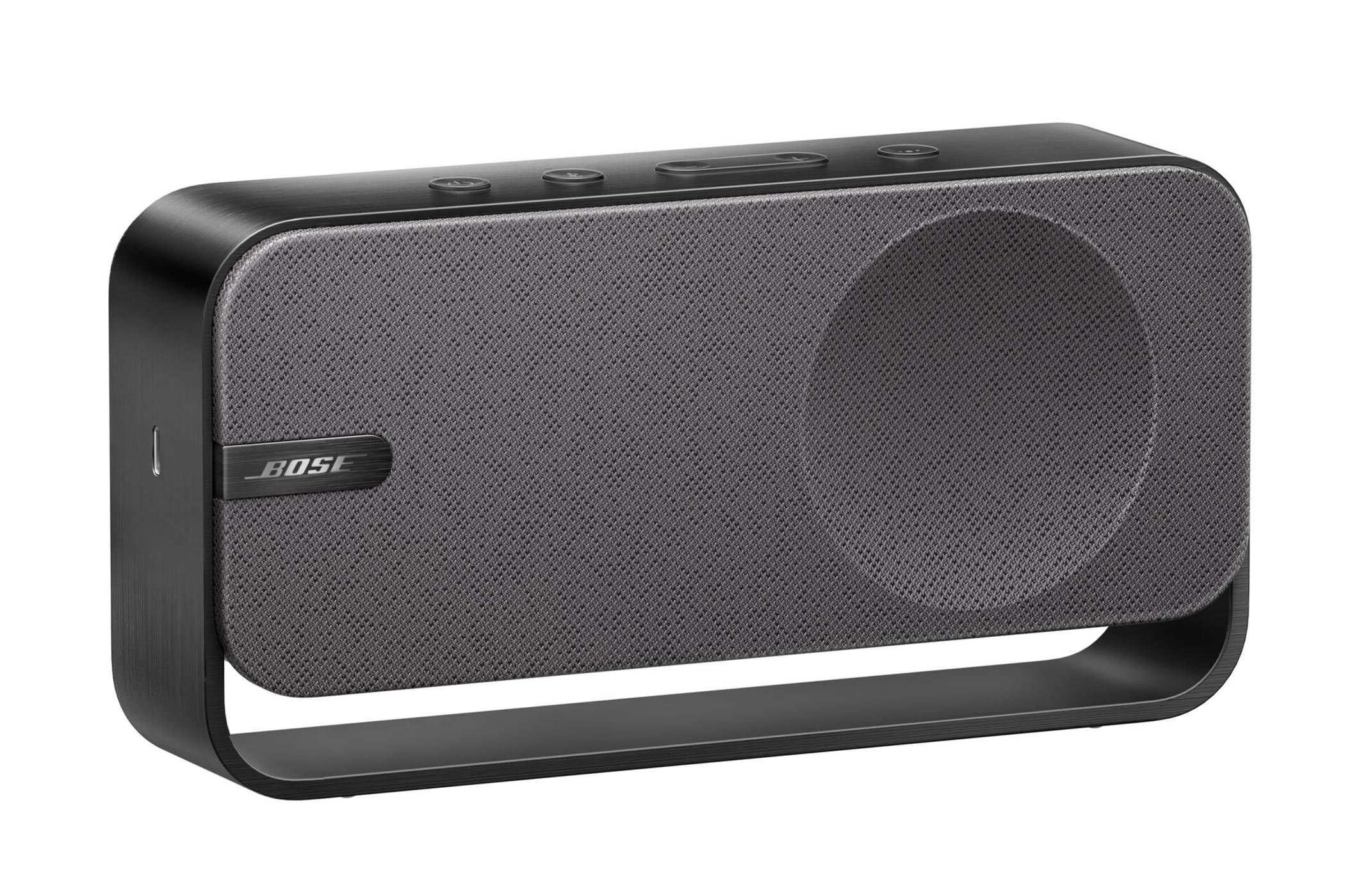 Bose SoundLink Home Bluetooth Speaker on a white background, buttons to control the speaker on top