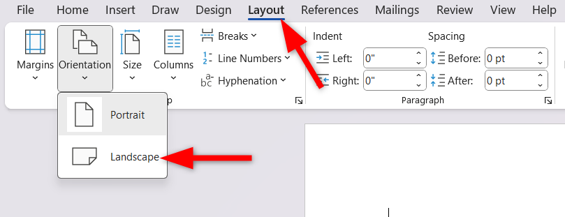 Changing Microsoft Word document orientation to 'Landscape.'