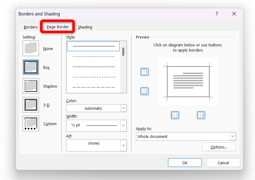 Changing page borer of the selected Microsoft Word document.