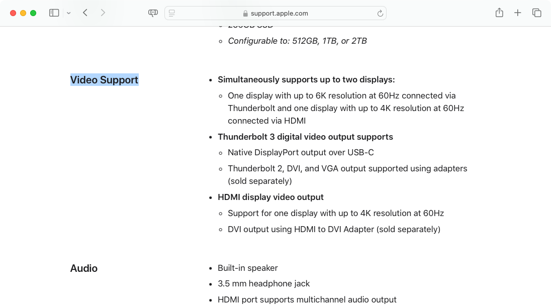 Apple support page detailing video output options, including HDMI, Thunderbolt 3, and dual display configurations.