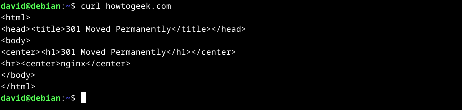 Curl fetching HTML from howtogeek.com in the Linux terminal.