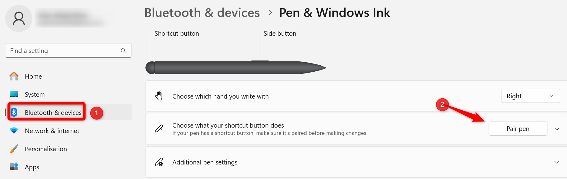 Customizing Surface Pen settings in Windows settings.