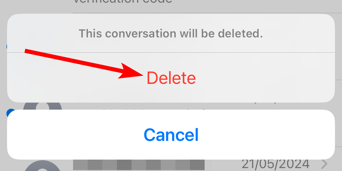 The "Delete" option when deleting a conversation on iPhone.