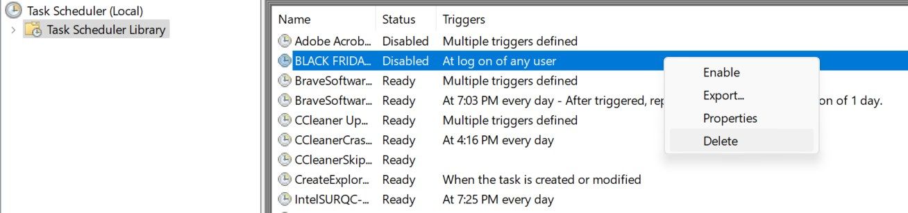 Deleting a task from Task Scheduler on Windows.