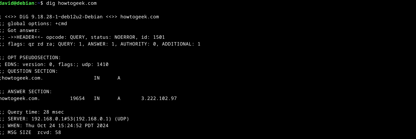Output of the dig command of howtogeek.com in the Linux terminal.