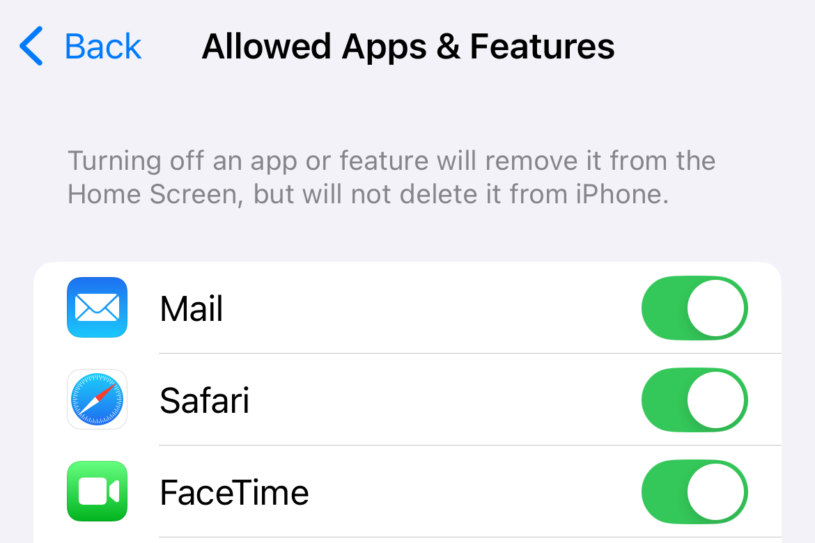 Disable core system apps and features using Screen Time for iPhone.