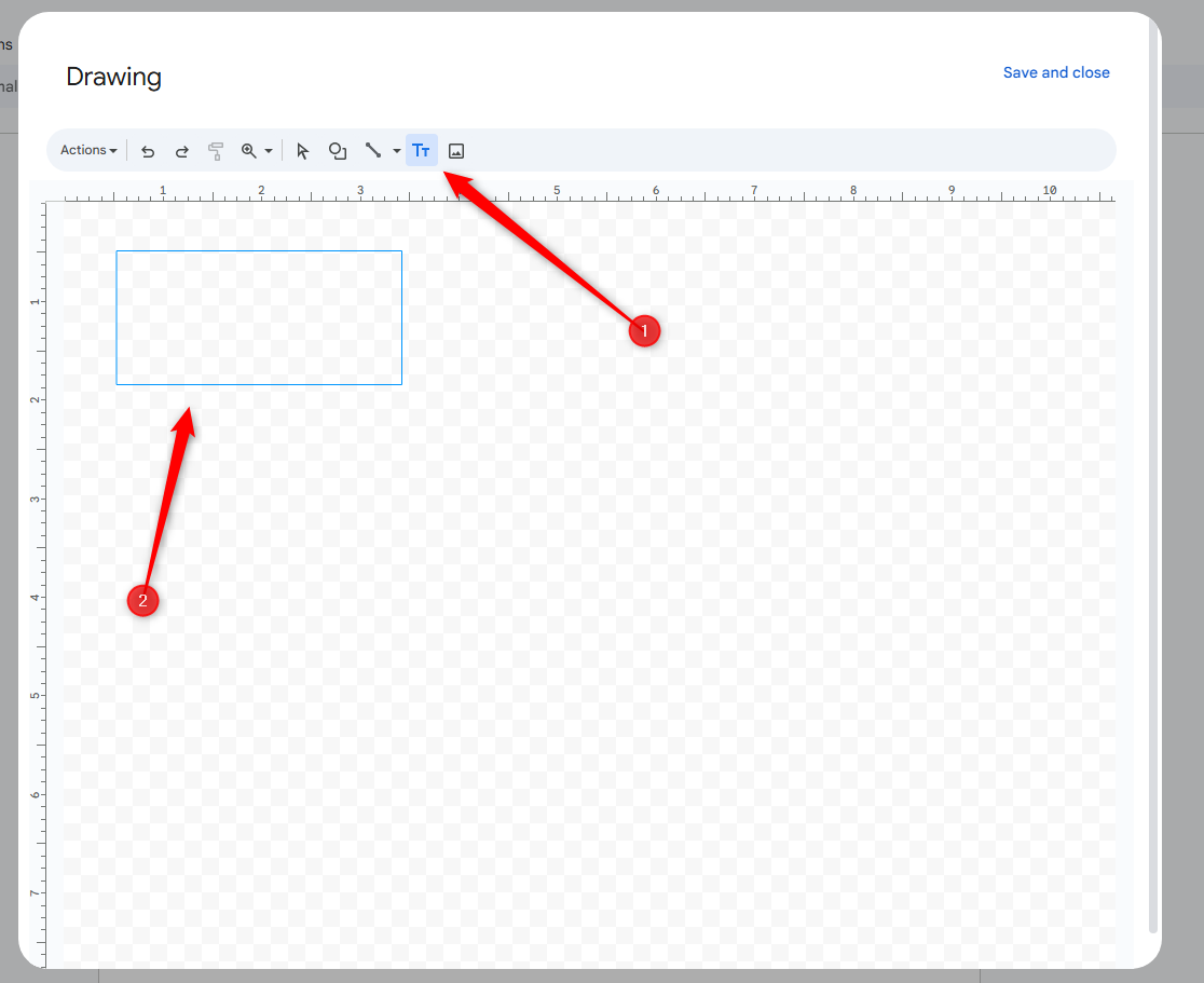 Adding a text box in Google Docs' Drawing menu.