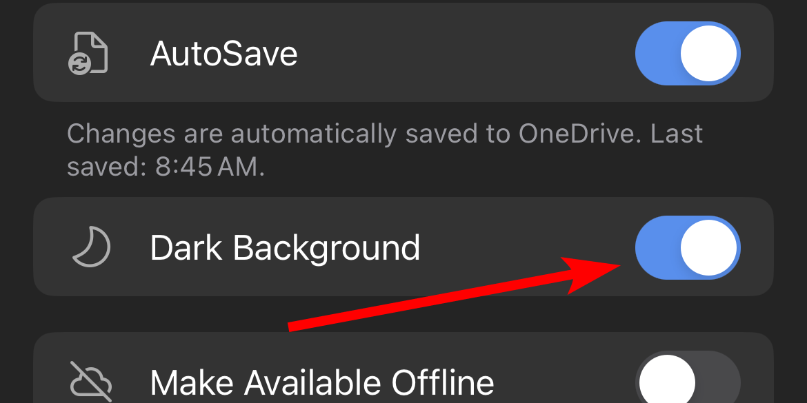 Switching the background to dark in Microsoft Word on iPhone.
