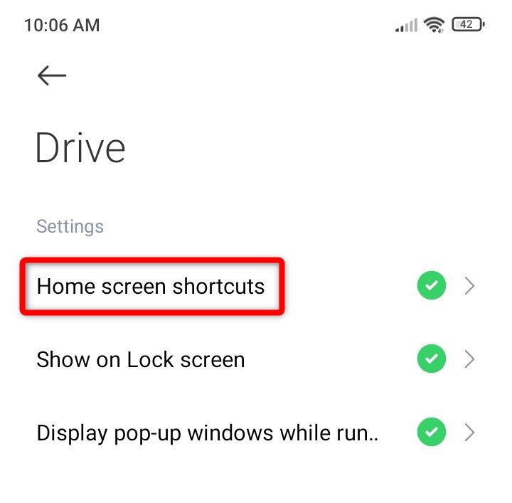 Enabling Home screen shortcuts settings.