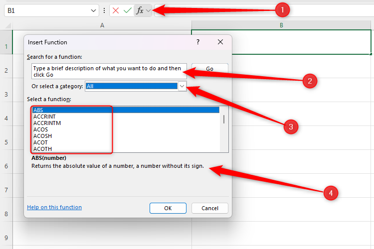 Excel's Insert Function dialog box, which appears after clicking the function symbol in Excel.