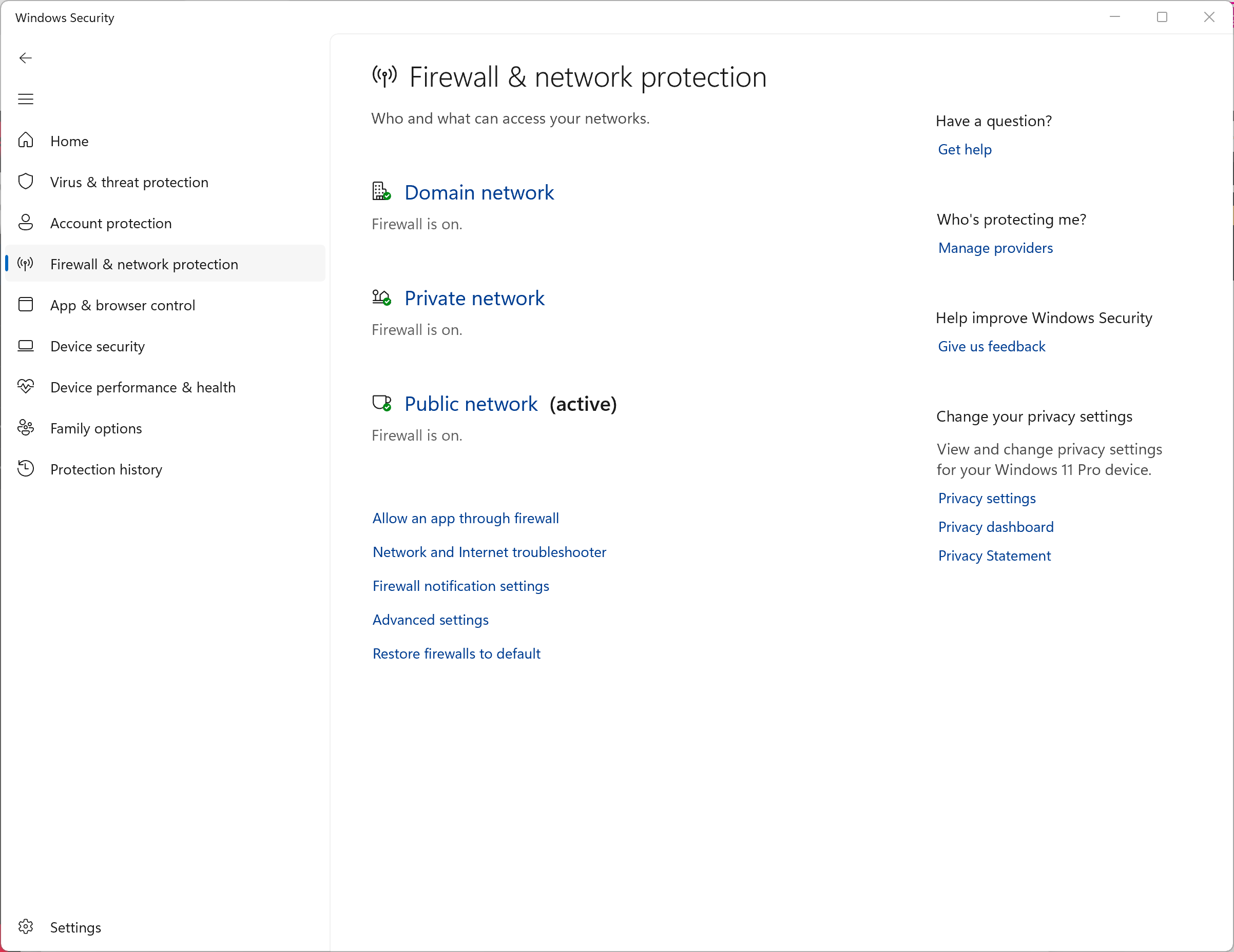 The Firewall and Network Protection section. 