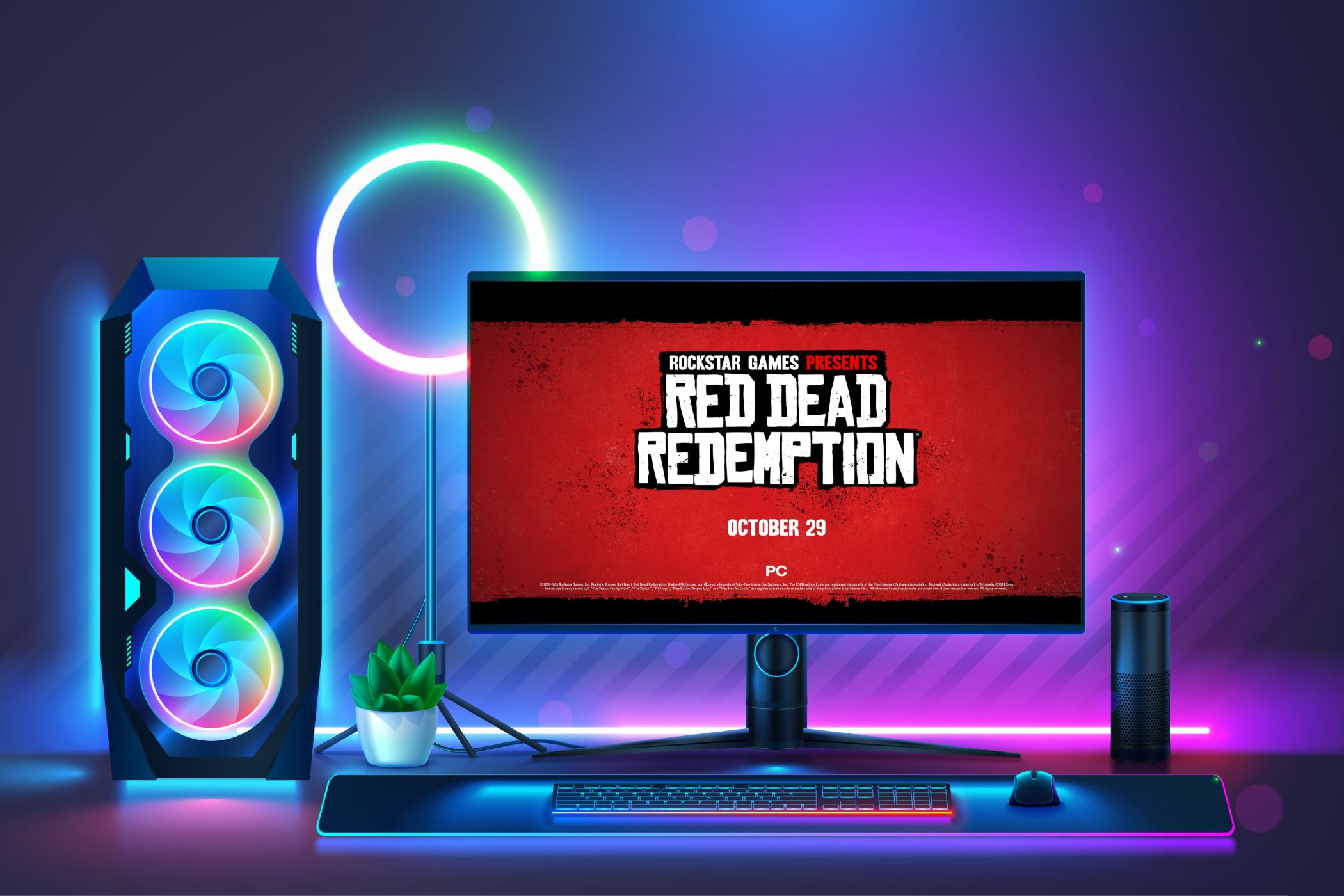 Gaming PC with Red Dead Redemption advert on the screen