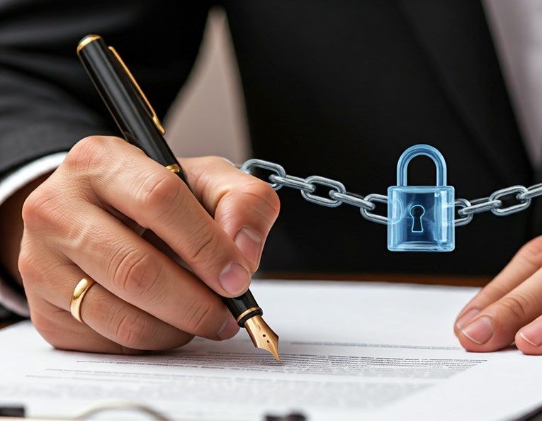 A hand signing a document with a blue padlock with chains attached