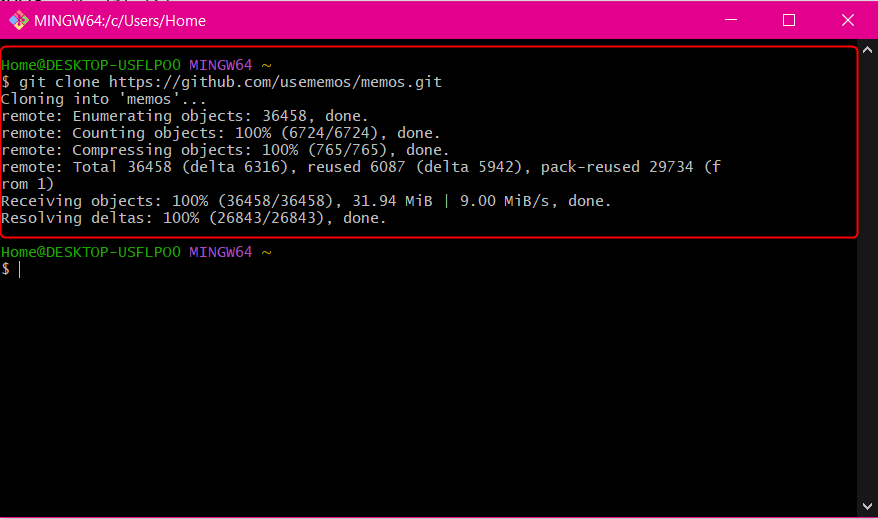 Git repo clone complete message on Git bash CLI.