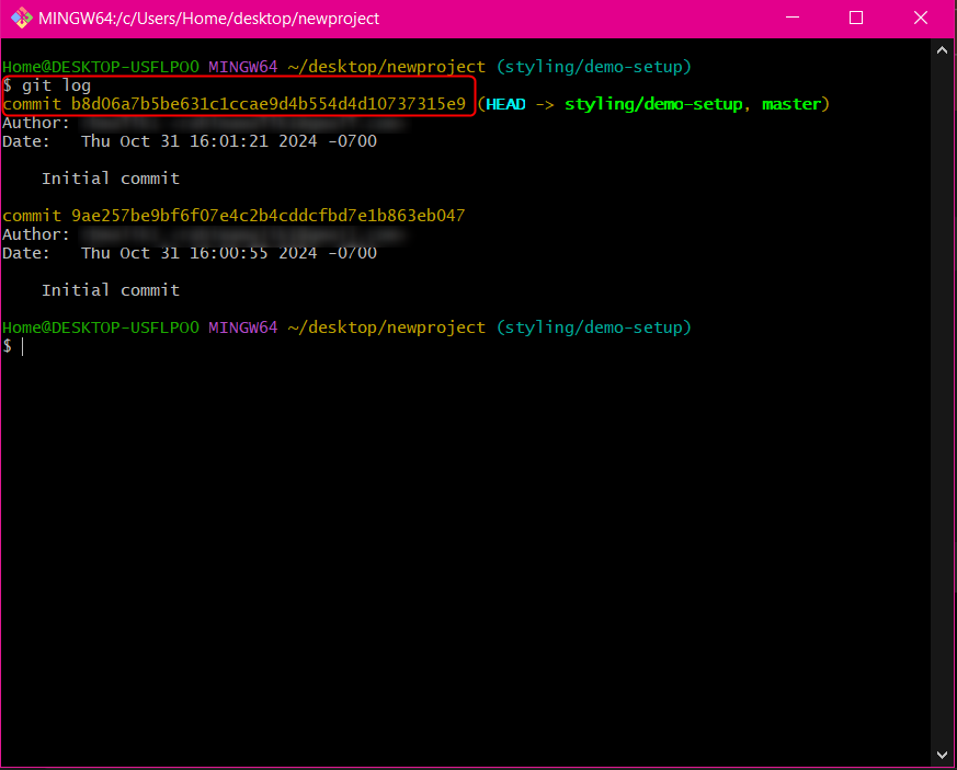 Git log command on CLI showing previous commits and commit IDs.