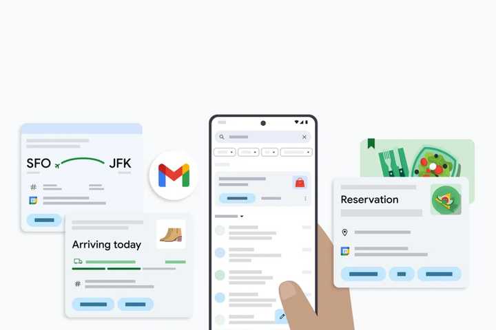A person using their phone to look at Gmail, and a reservation, delivery, and airline ticket are being shown as an example of what the user can see.
