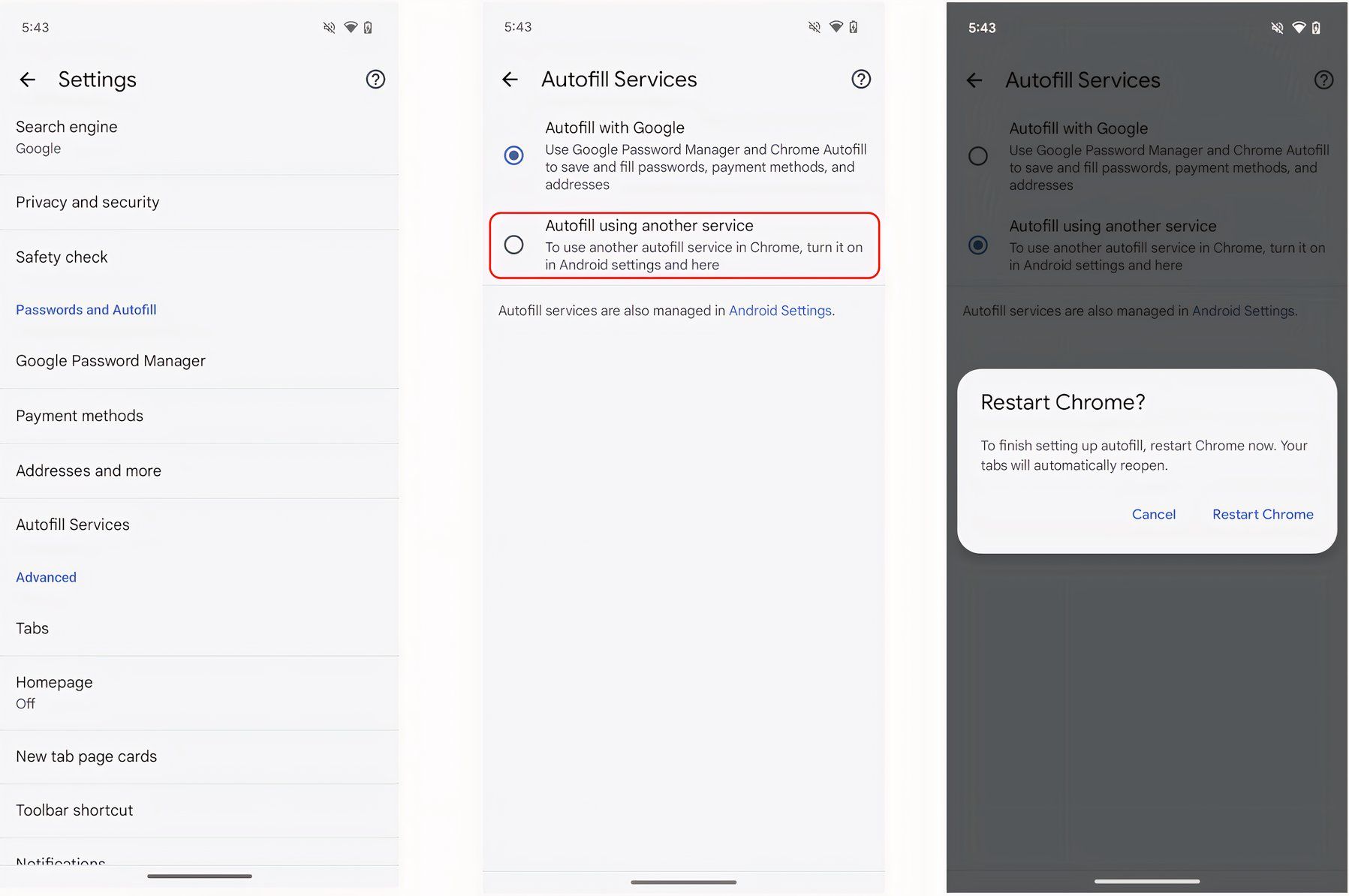 Android screenshots showing how to configure Chrome to autofill using another service.