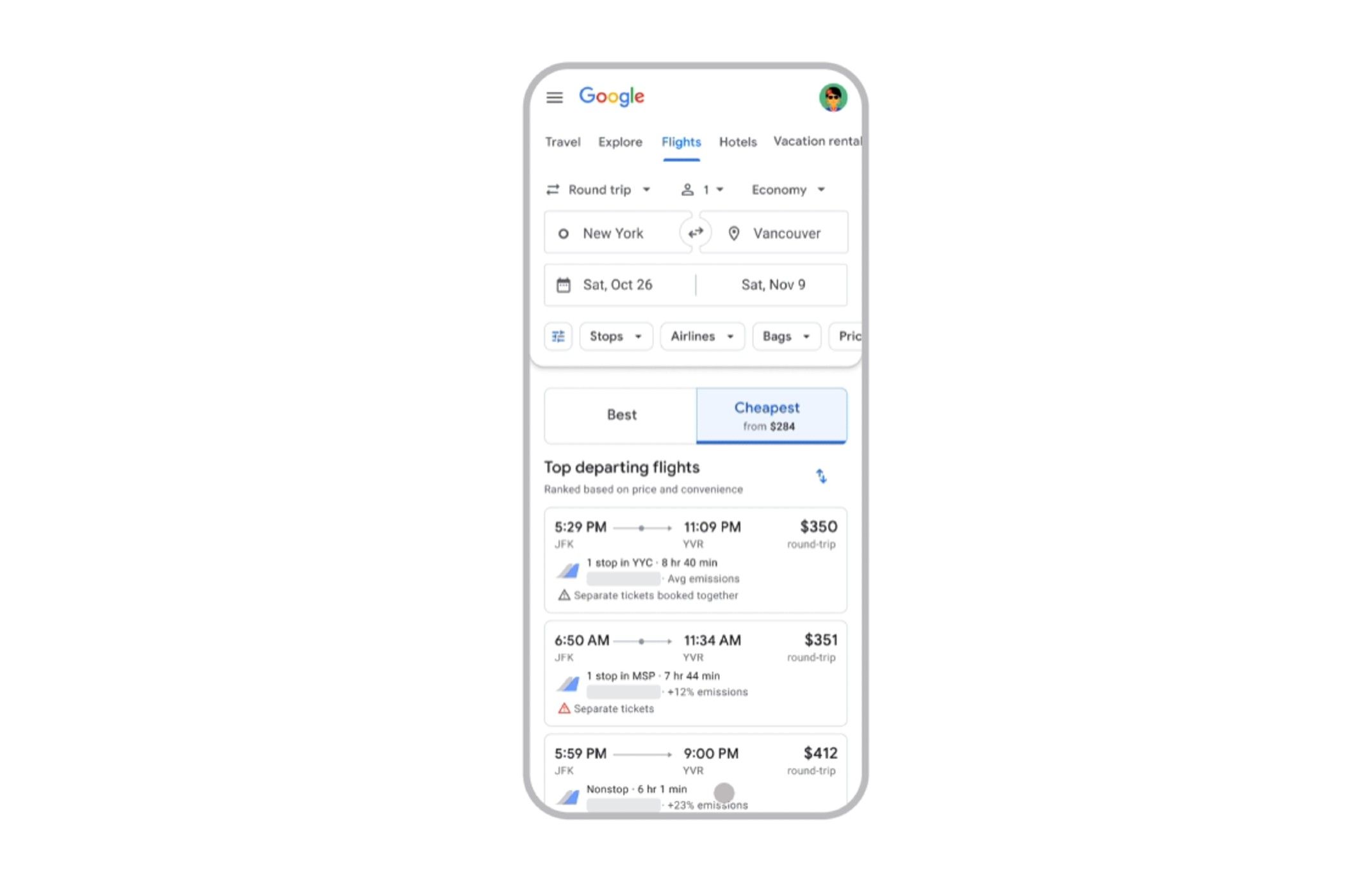 Google flights on mobile with the cheapest flight tab on