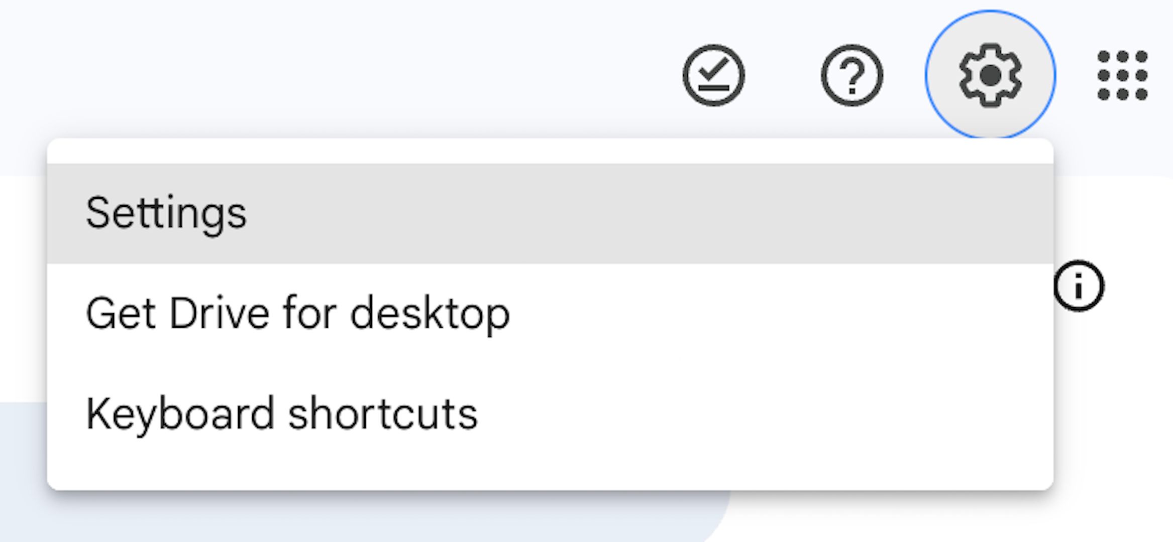 Opened Settings drop-down menu for Drive in a web browser.