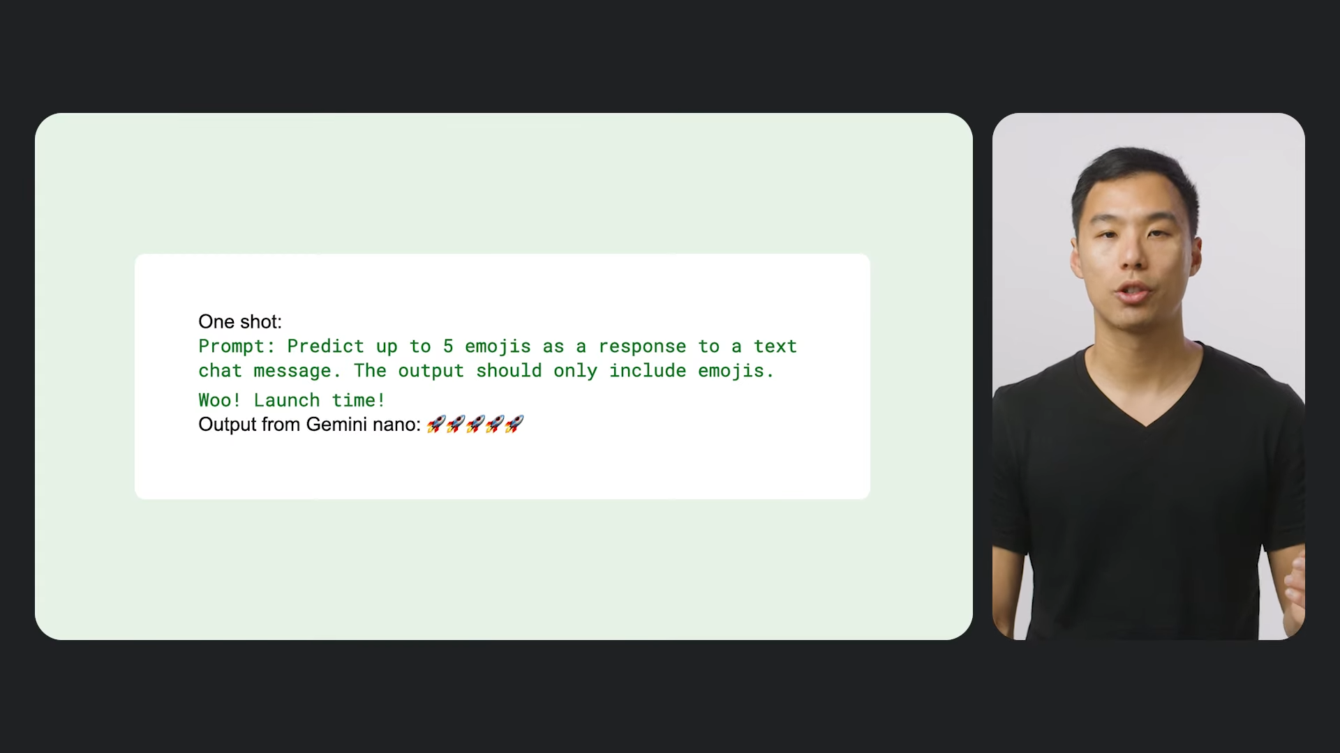 Man next to a prompt which asks the AI to give a set of emojis to go after the phrase "launch time" and the AI gives back rocket ship emojis