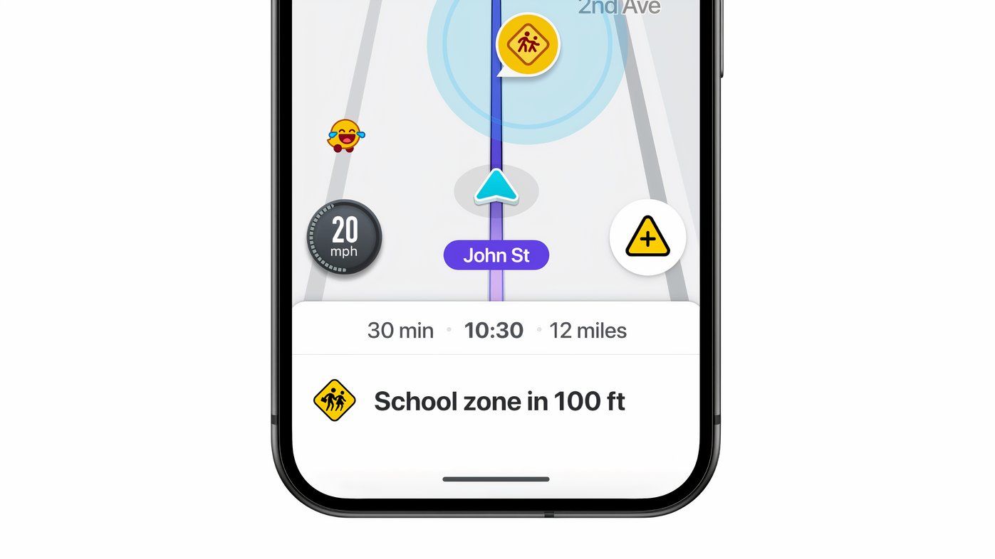 an alert in the Waze app about approaching a school zone.