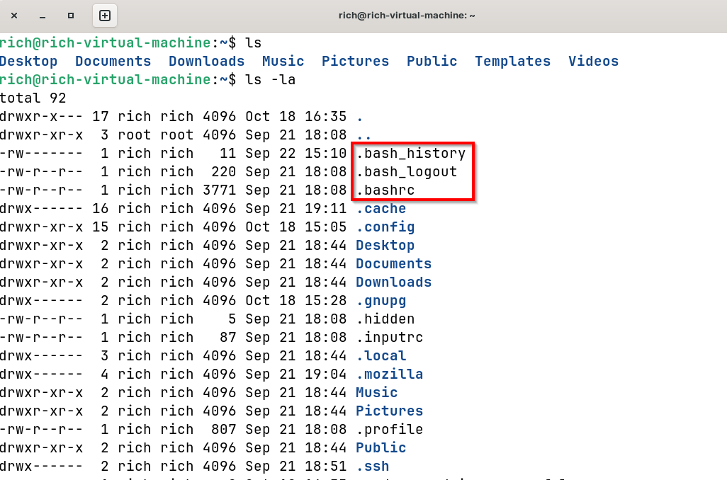 Using the ls -la command to show hidden directories and files.